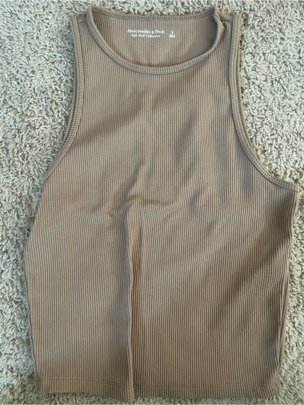 Abercrombie & Fitch Soft A&F Collection Ribbed High Neck Taupe Tank